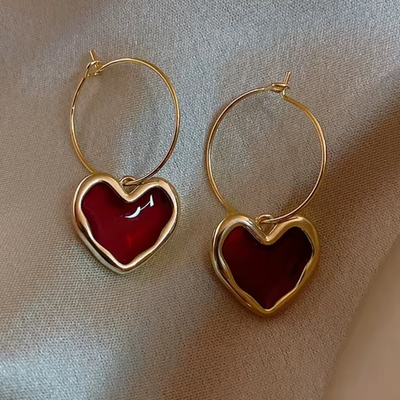 Anthropologie Jewelry - Red Heart Drop Earrings – Gold Tone Romantic Statement Earrings